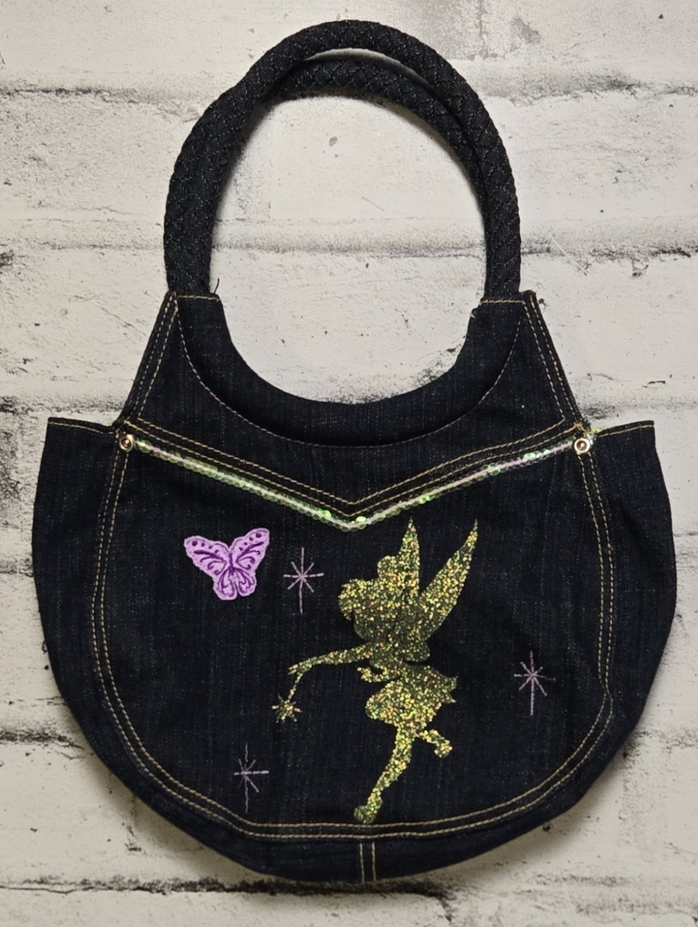 Disney Tinkerbell Denim Shoulder Bag Y2K Fairy Glitter Purse